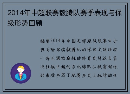 2014年中超联赛毅腾队赛季表现与保级形势回顾